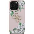 Custodia Guess Grained Roses 4G con logo in metallo per iPhone 16 Pro Rosa