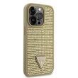 Custodia Guss con strass e logo in metallo triangolare per iPhone 15 Pro Max, oro