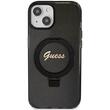 Custodia Guess con supporto ad anello Glitter MagSafe per iPhone 15 nera