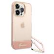 Custodia Guess in TPU con contorno della fotocamera e cinturino traslucido per iPhone 14 Pro rosa
