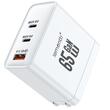 Lemontti Network Charger GaN 2x Type-C and 1x USB-A, 65W, Fast Charge, EU Plug, White