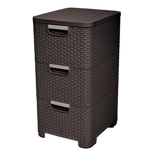 Cassettiera in plastica, 3 cassetti, simil rattan, marrone scuro, 33x60x38 cm, Curver