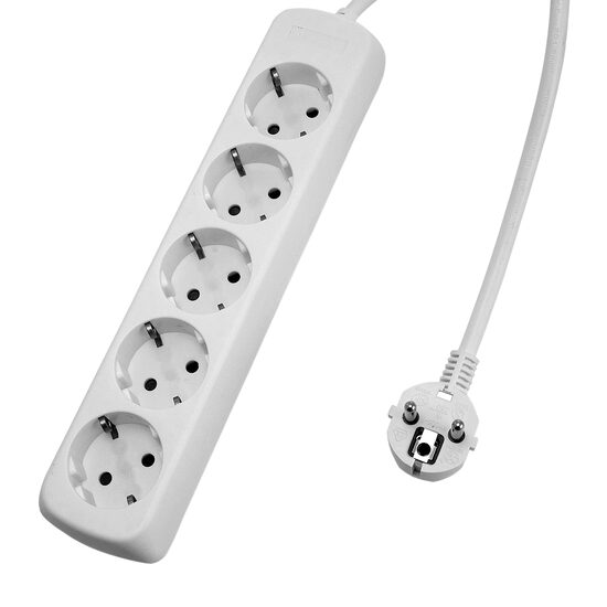 Elektrisch verlengsnoer met aarding en kinderbeveiliging, 5 stopcontacten, 3m kabel