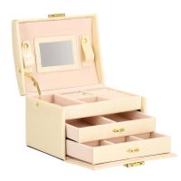 Portagioie, MDF, pelle ecologica e velluto, crema e rosa, con specchio, 17,5x14x12,5 cm, Springos