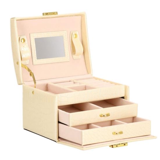 Portagioie, MDF, pelle ecologica e velluto, crema e rosa, con specchio, 17,5x14x12,5 cm, Springos