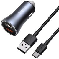 Autoladegerät Baseus Golden Contactor Pro Dual 2x USB Schnellladegerät Dunkelgrau + USB-Kabel auf Typ-