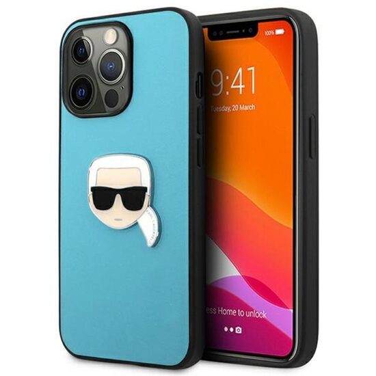 iPhone 13/13 Pro Hülle Karl Lagerfeld Leder Ikonik Karl`s Head Metal Blue