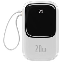Baseus Batteria esterna Q Pow Display digitale Ricarica rapida, QC/PD, 20000mAh, 20W, cavo Lightning integrato, Bianco