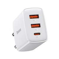 Baseus Caricatore di rete Compatto Quick Charge 30W, 2 x USB 5V/3A, 1 x USB Type-C 5V/3A, Bianco