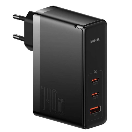 Baseus Netzwerkladegerät GaN5 Pro 2x USB-C und 1x USB-A, Schnellladegerät, 140 W + Typ-C-zu-Typ-C-Kabel, 1 m, Schwarz