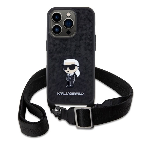 Funda Karl Lagerfeld Saffiano Bandolera Metal Ikonik iPhone 15 Pro Negro