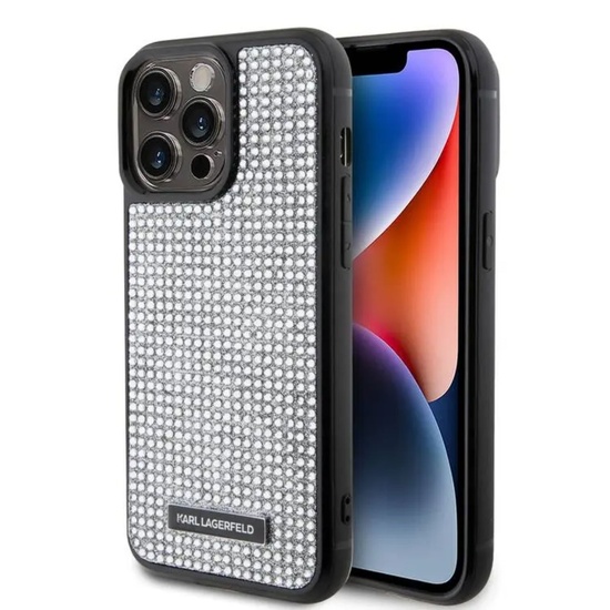 Karl Lagerfeld Hoesje Strass Plaat Metaal Logo iPhone 15 Pro Zilver