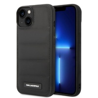 Custodia per iPhone 15 Karl Lagerfeld trapuntata con logo in metallo gonfio nera