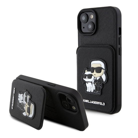 Karl Lagerfeld Saffiano Case Kaartsleufstandaard Karl&Choupette iPhone 15 Zwart