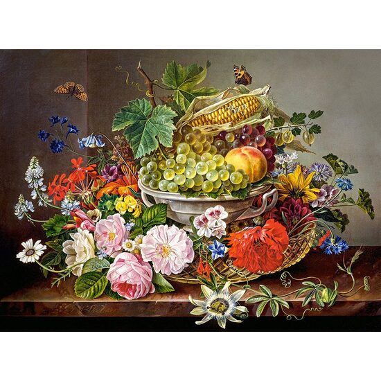 Puzzel Castorland - Stilleven met bloemen en fruitmand, 2000 stukjes