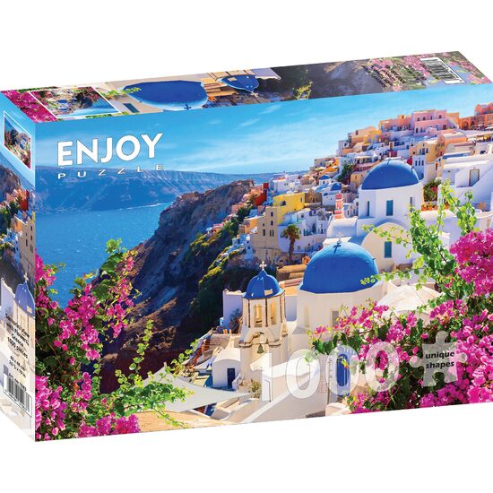 Puzzle 1000 piese Enjoy - Santorini View with Flowers, Greece