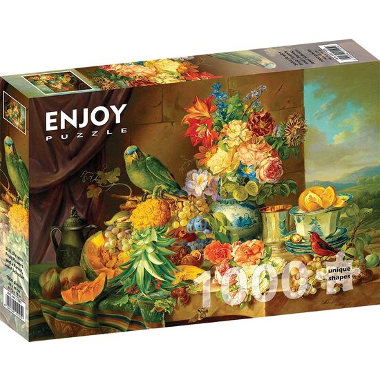 Puzzle 1000 pièces Enjoy - Josef Schuster : Nature morte avec des fleurs fruitées et un perroquet