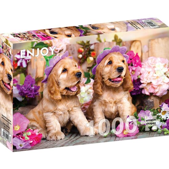 Puzzle 1000 Teile Enjoy – Spanielwelpen mit Blumenhüten
