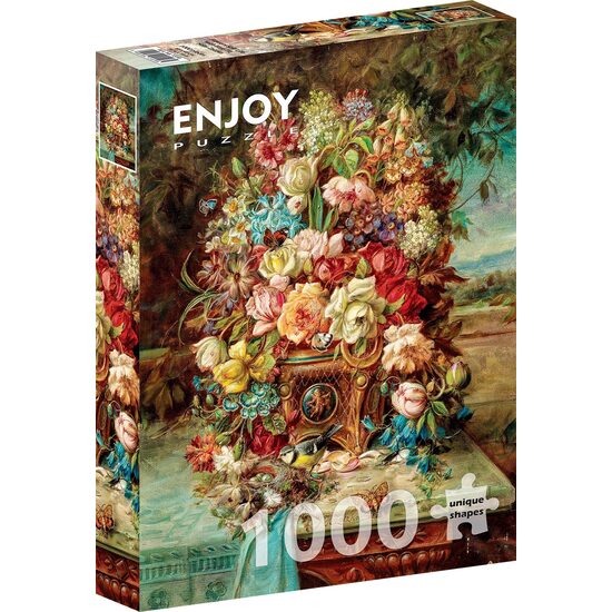 Puzzle 1000 piese Enjoy - Hans Zatzka: Flowers Still Life with Blue Tit