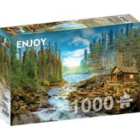 Puzzle 1000 Teile – Eine Blockhütte bei den Stromschnellen