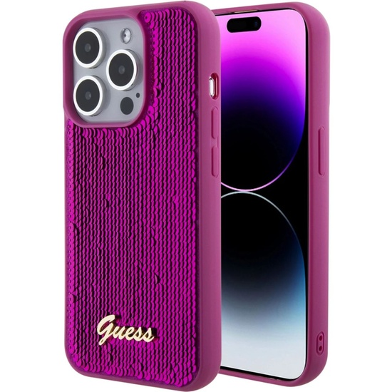 Custodia Guess con logo in paillettes per iPhone 15 Pro Magenta