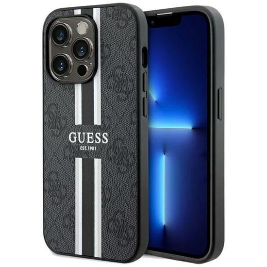 Coque Guess 4G Rayures Imprimées MagSafe iPhone 15 Pro Noir