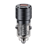 Usams Caricabatteria da Auto Mini US-CC175 Doppia porta USB e Type-C, Ricarica Rapida, 45W, Trasparente / Nero