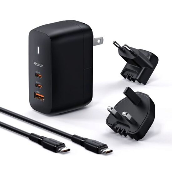 Set Incarcator Retea Mcdodo Mecha Series GaN 65W Dual Type-C + Cablu Type-c la Type-c 60W 2m EU/UK/US plug Black
