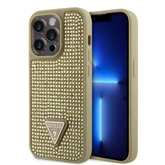 Guess Case Strass Driehoek Metaal Logo iPhone 15 Pro Goud