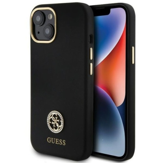 Guess Hoesje Vloeibaar Siliconen 4G Strass Metaal Logo iPhone 15 Zwart