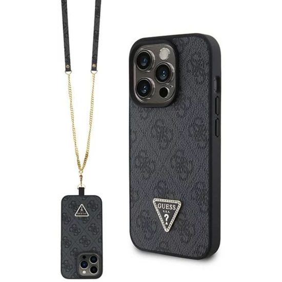 Guess Case PU 4G Strass Driehoek Metalen Logo met Crossbody Bandje iPhone 15 Pro Max Zwart