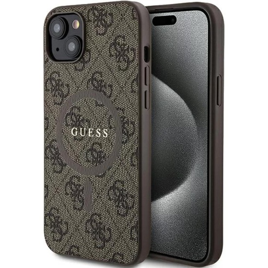 Custodia Guess in pelle PU 4G Anello colorato MagSafe iPhone 15 Marrone