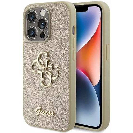 Guess Coque Fixe Paillettes 4G Logo Métal iPhone 15 Pro Or