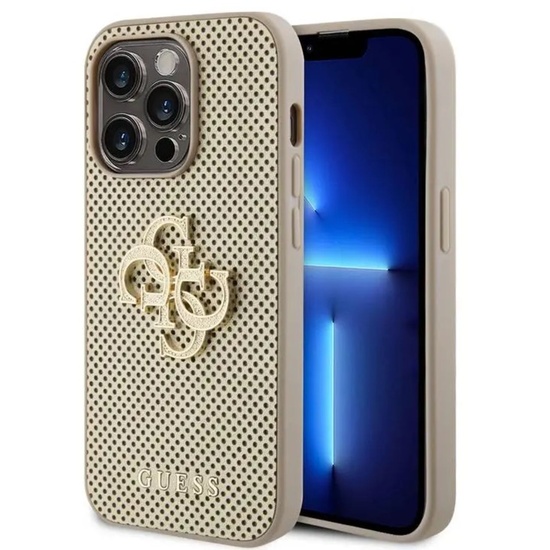 Guess Case Geperforeerd 4G Glitter Metaal Logo iPhone 15 Pro Goud