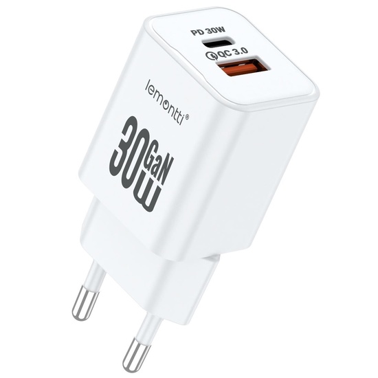 Lemontti Network Charger GaN Dual Port 1x Type-C and 1x USB-A, 30W, EU Plug, White
