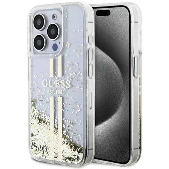 Custodia Guess Liquid Glitter Gold Stripe per iPhone 15 Pro Trasparente