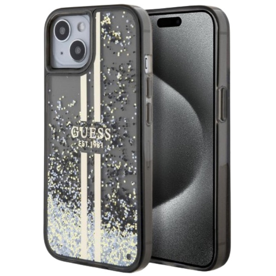 Custodia Guess Liquid Glitter Gold Stripe per iPhone 15 nera