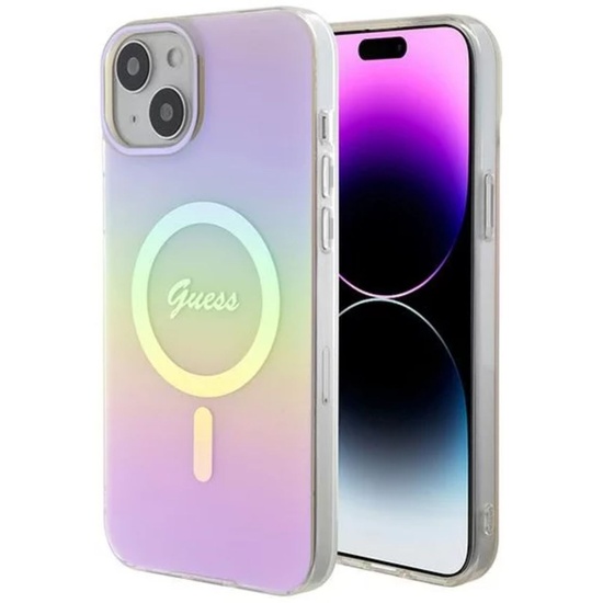 Guess Hoesje Iriserend Script MagSafe iPhone 15 Roze