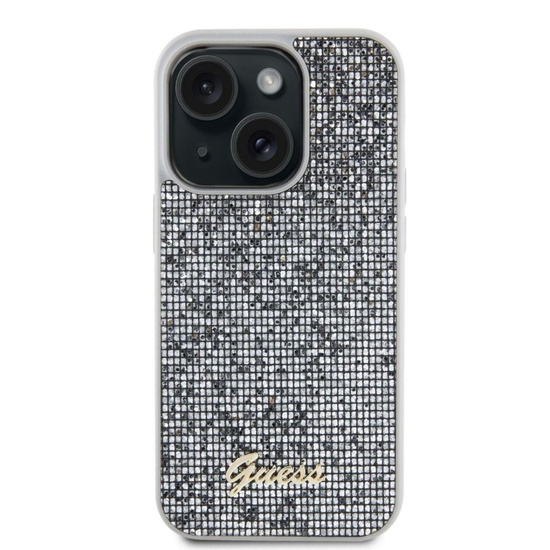 Custodia Guess con logo quadrato a specchio per iPhone 15 color argento