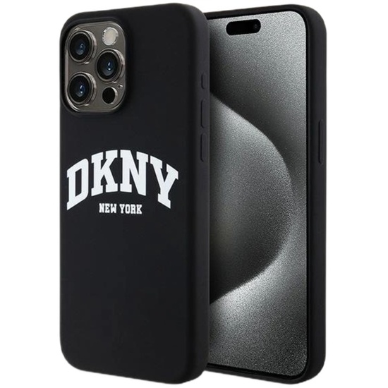 DKNY Case Liquid Silicone White Printed Logo MagSafe iPhone 15 Pro Black