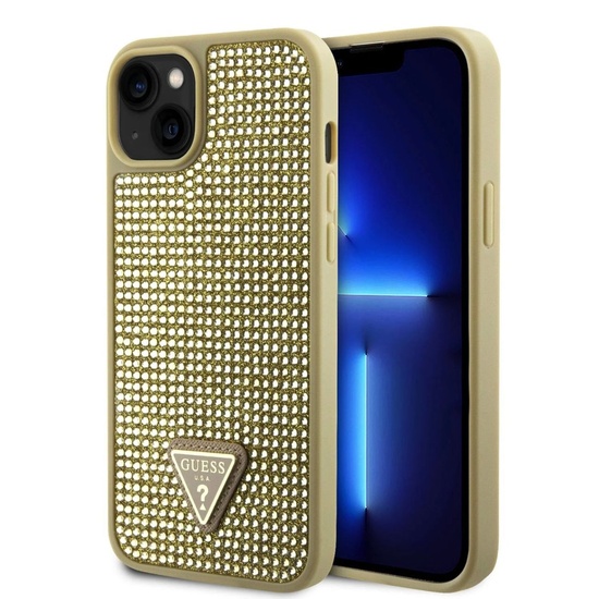 Guess Case Strass Driehoek Metalen Logo iPhone 15 Goud