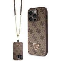 Custodia Guess PU 4G Logo in metallo con triangolo di strass e tracolla per iPhone 15 Pro Marrone