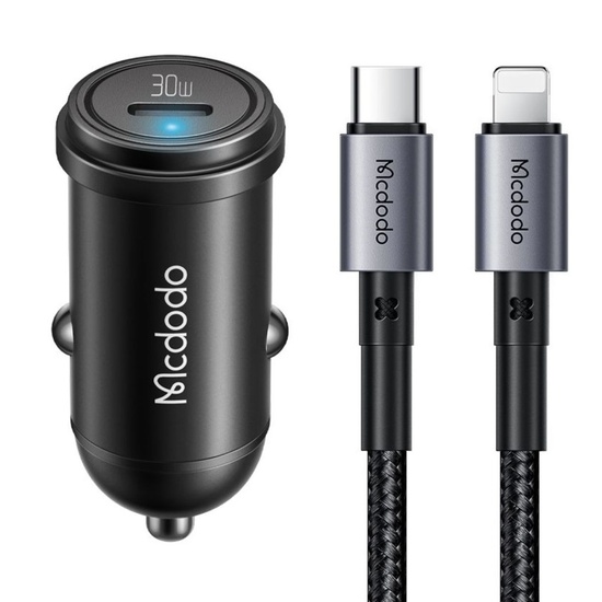 Mcdodo Chargeur Voiture 1xType-C Charge Rapide PD 30W, câble Type-C vers Lightning 1,2m Noir
