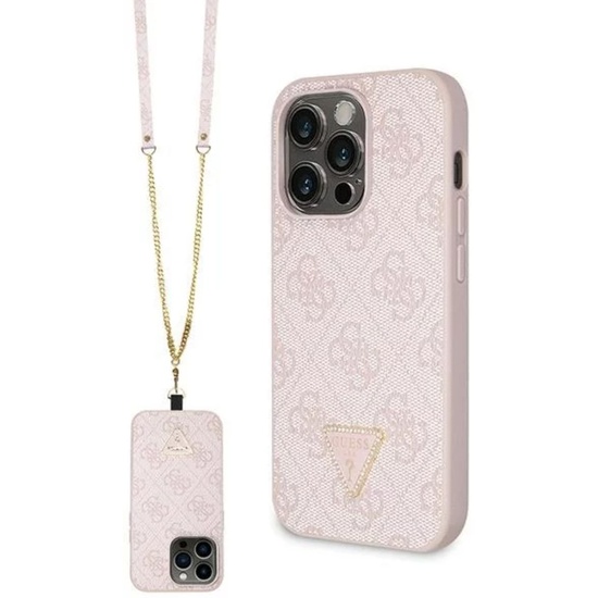Guess PU 4G Strass Triangle Metal Logo Case met Crossbody Band iPhone 15 Pro Roze