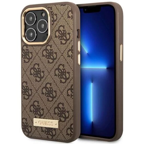 Funda para iPhone 14 Pro Guess 4G con placa del logotipo MagSafe marrón
