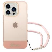Custodia Guess in TPU con contorno della fotocamera e cinturino traslucido per iPhone 14 Pro rosa