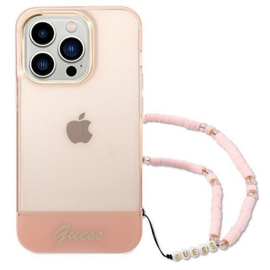 Custodia Guess in TPU con contorno della fotocamera e cinturino traslucido per iPhone 14 Pro rosa