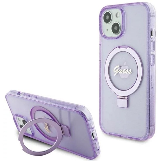 Guess Husa Ring Stand Glitter MagSafe iPhone 15 Viola