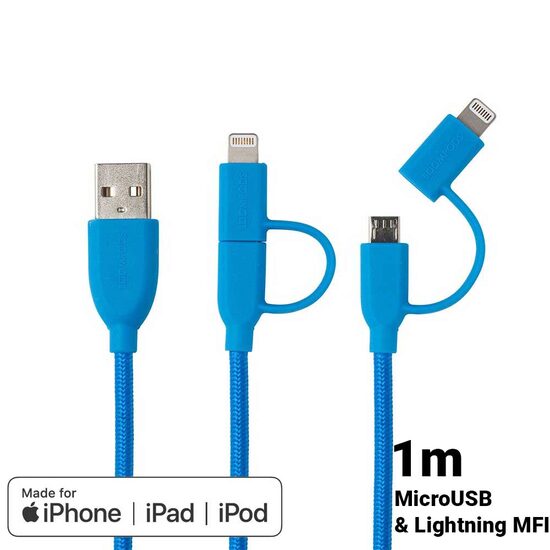 Cavo MicroUSB e Lightning MFI Boompods Duo Blu (1m, treccia tessile)