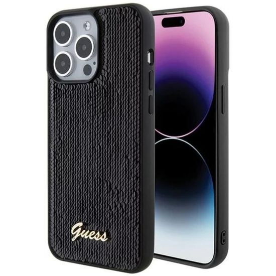 Guess Hoesje met paillettenscript Logo iPhone 15 Pro Zwart